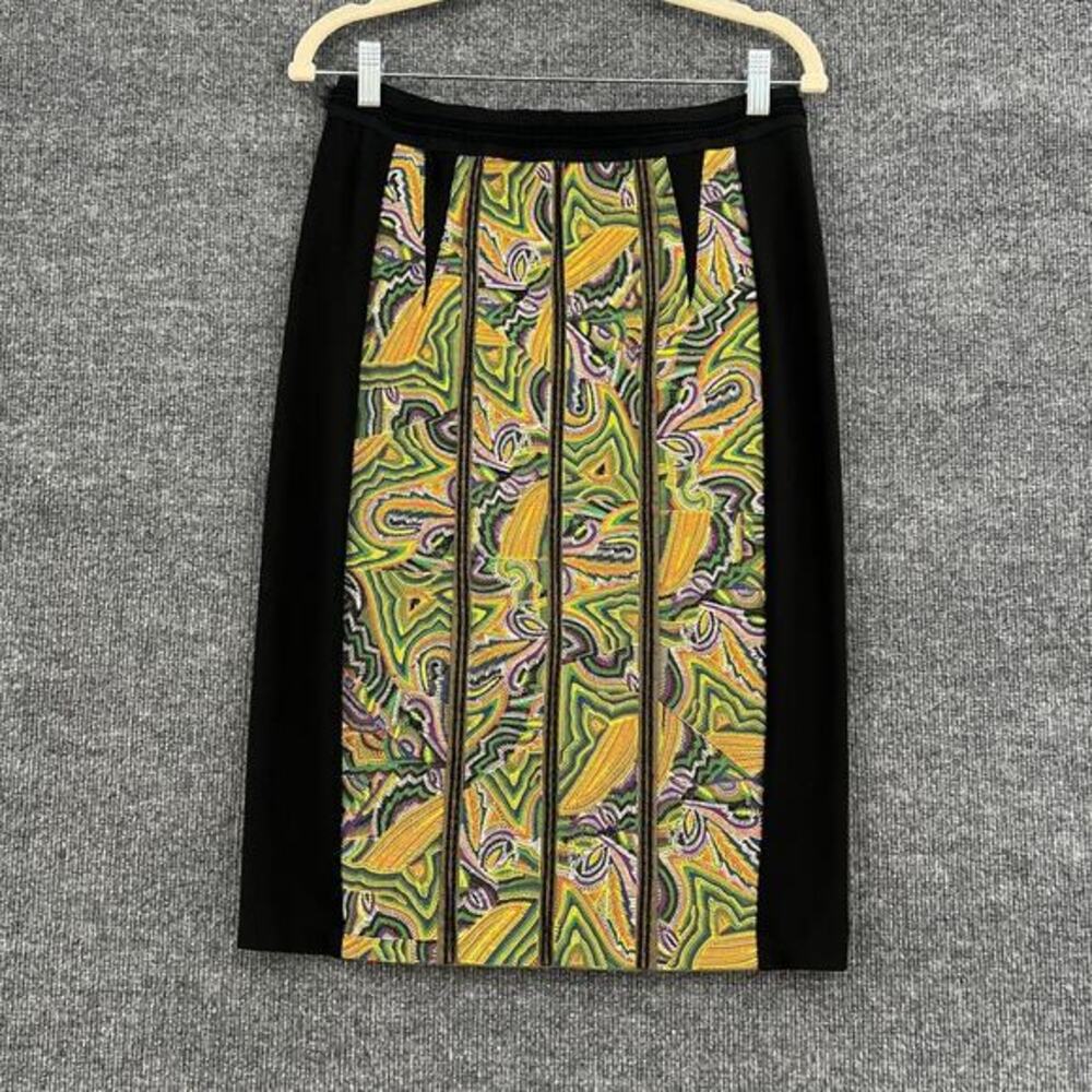Maeve Anthropologie Pencil Skirt Womens 10 Black Multicolor Embroidered Stretch